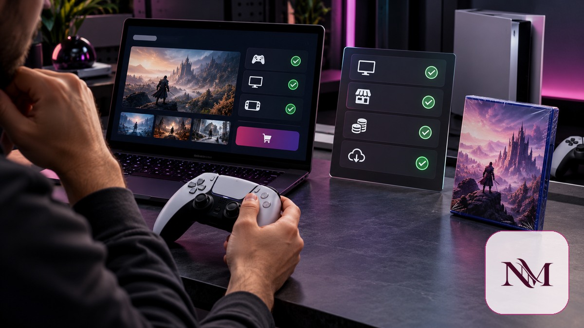 Player checking platform compatibility, storefront details, and purchase criteria before buying a video game
