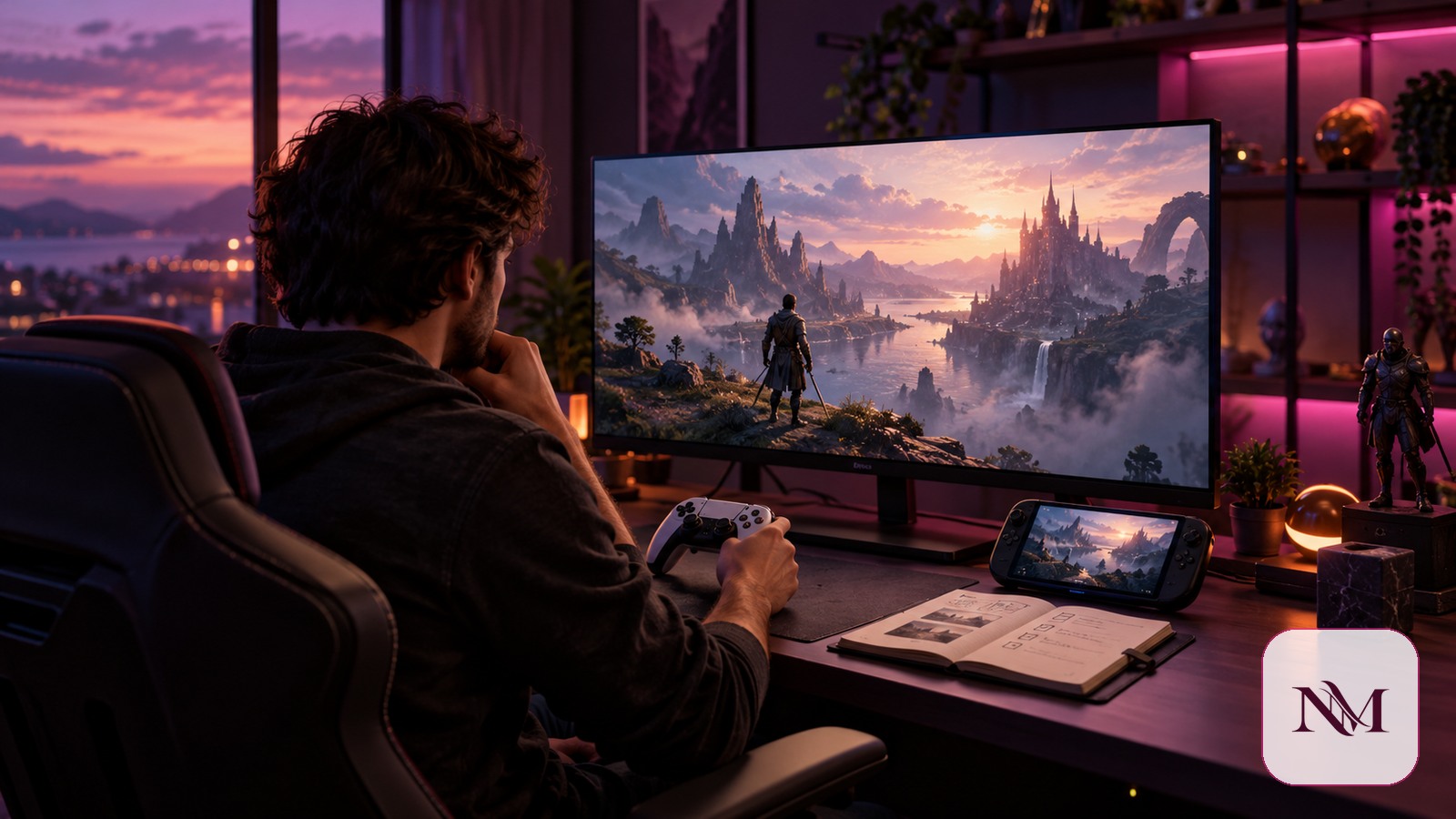 Player thoughtfully comparing a new video game on a monitor and handheld device before purchase