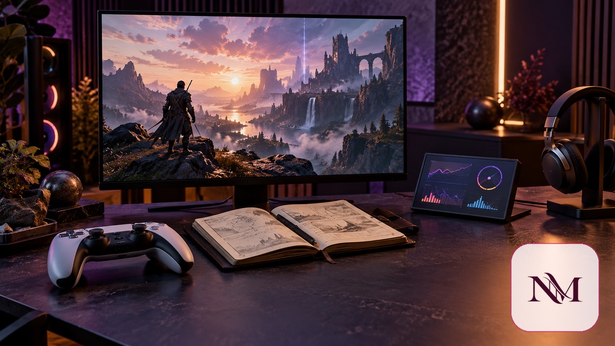 Game-review testing setup with gameplay display, controller, performance dashboard, and field notes