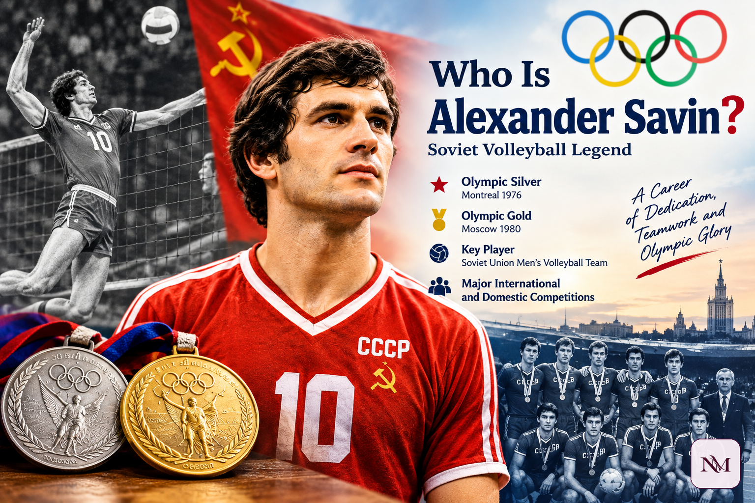Illustrated profile of Alexander Savin with Olympic silver and gold medal context from his Soviet volleyball career