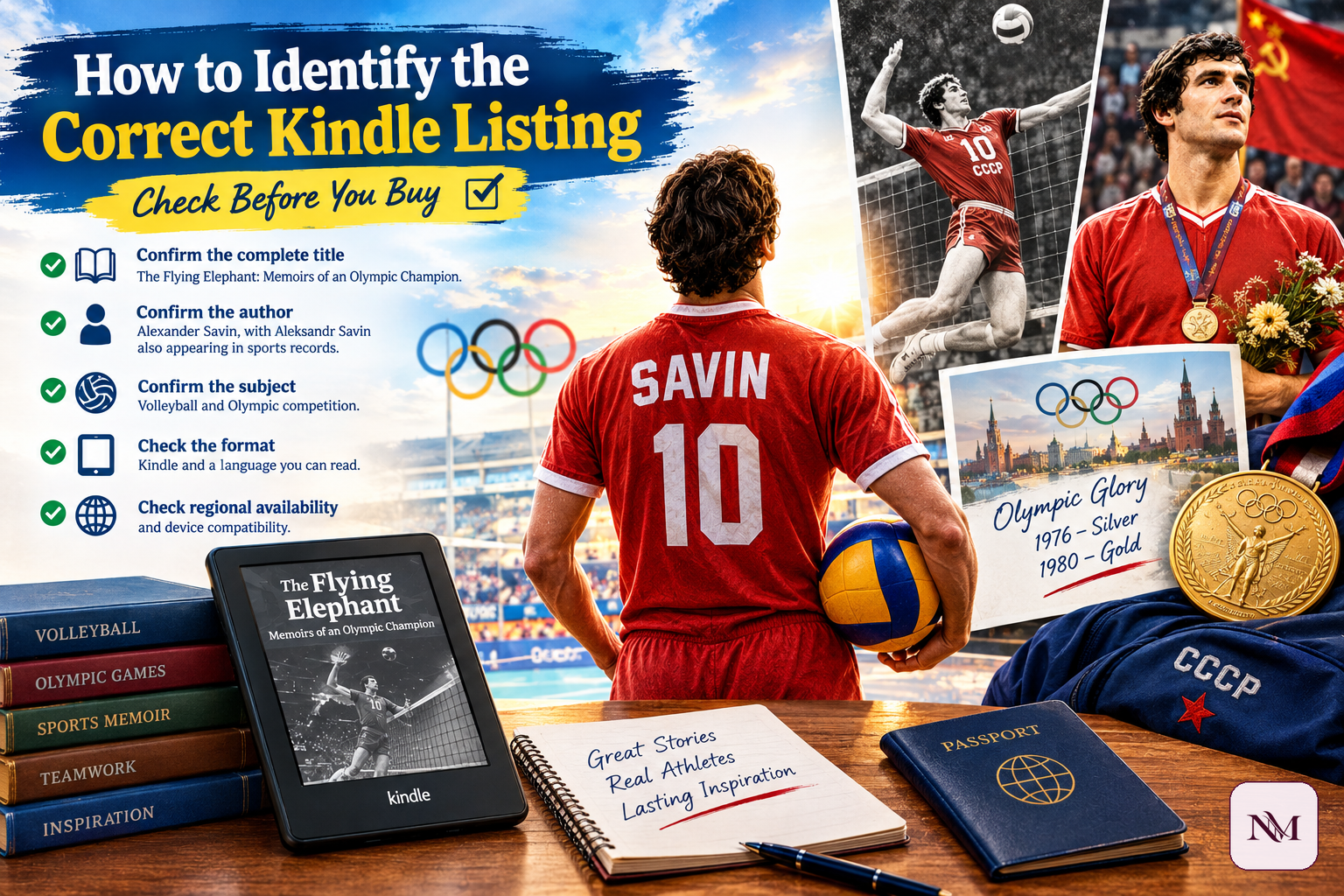 Illustrated checklist for confirming the author, title, volleyball subject, Kindle format, and regional availability before buying the memoir