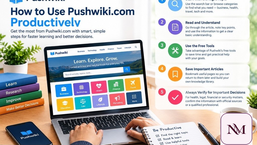 Illustrated guide to using Pushwiki.com productively through topic selection, reading, tools, saved articles, and verification